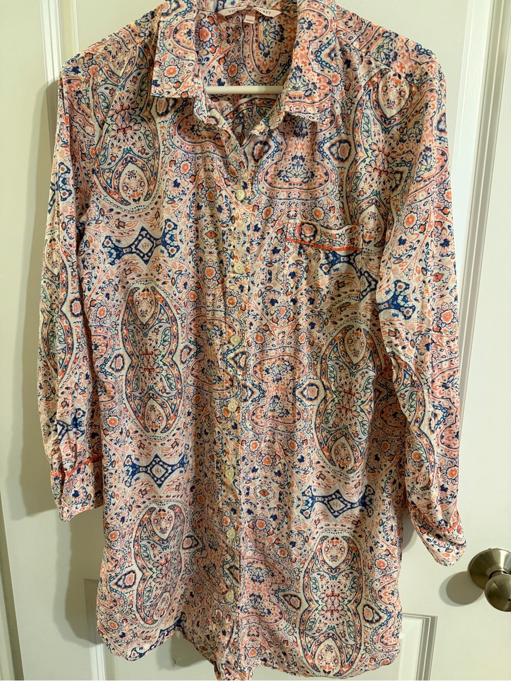 Victoria's Secret Peach and Navy Paisley Long-Sleeve Sleep Shirt